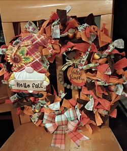 Handmade Fall Gnome Rag Wreath – Rustic Autumn Front Door Decor
