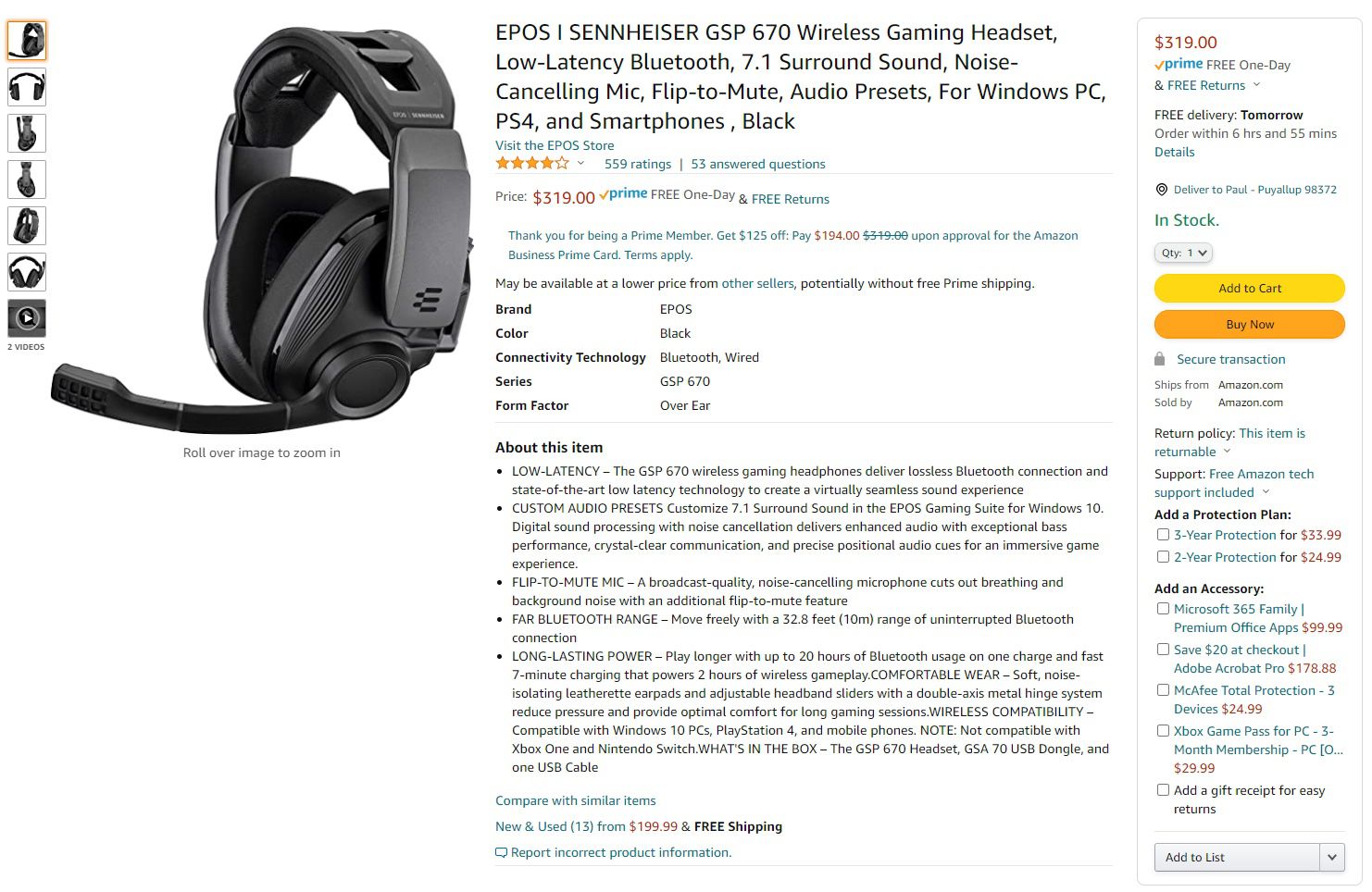 Sennheiser GSP 670 Wireless Gaming Headset 7.1 Sound for PC / PS4