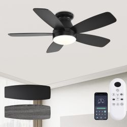 Ceiling Fans with Lights, 42 Inch Low Profile Ceiling Fan with Lights and Remote Control, LED Dimmable DC Reversible, 8 Speed, Noiseless, Modern Black