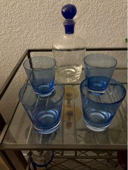 Glass Decanter with 4 Blue Tumblers