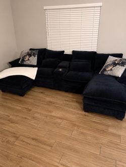 Navy Blue Chenillle Sectional Sofa with Toss Pillows USB ports and cup holders