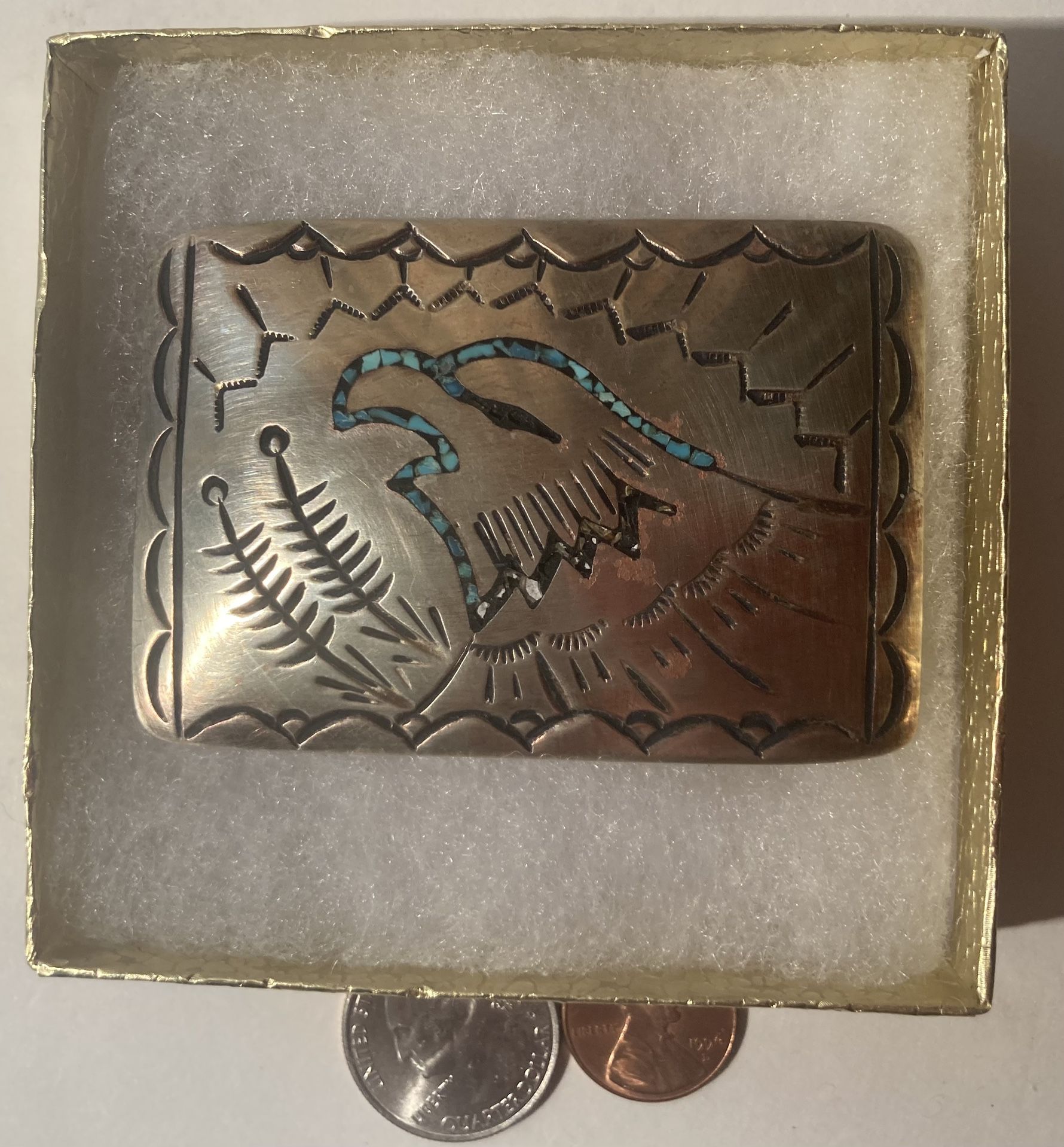 Vintage Belt Buckle Silver And Crushed Turquoise Eagle