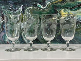 Set of 4 Vintage Libbey Glenmore and Etched Floral Iced Tea Goblets