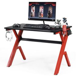 Costway Ergonomic Gaming Desk with Carbon Fiber Surface and R-Shape Steel Frame