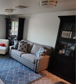 Pair Black Wood Bookcase, Hutch, Display Cabinet with Lights