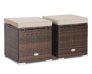 New Costway Blue Square Outdoor Ottoman - Brown Rattan Frame, Polyester Fabric - 16x15.5x16 Inches - 400 lbs. Weight Capacity - UV Resistant