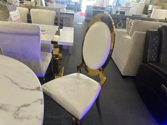 Brand New Real Marble White Top Table and 6 Gold Oval Back Dining Chair