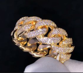New Size 7 10mm 925S & VVS Moissanite Gold Cuban Link Ring/w/papers Marked firm