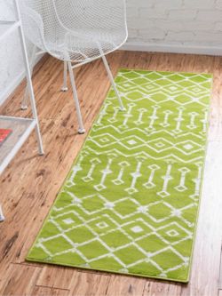 Moroccan Contemporary Style Runner, Green and Ivory 2'0 x 6'7"
