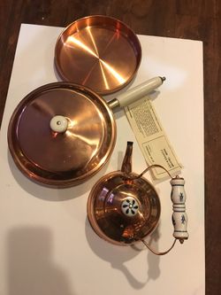 Vintage rustic cooper tone teapot kettle, skillet pan