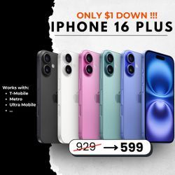 📱 iPhone 16 Plus – Big Screen, Bigger Savings - $5 DOWN AVAILABLE