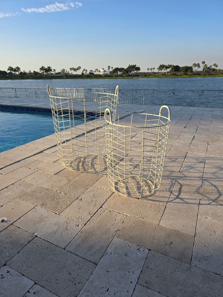 Two Metal Baskets Off White Colored