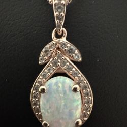 Sterling Silver Rose Tone ~8x6mm Opal & Sapphire Halo Pendant Necklace 18"