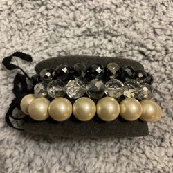 A Set Of 3 Solid Bracelets.Pearl Bracelet,and 2 Solid Crystal Bracelets,clear And Grayish Black.