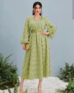 Green Fringe Midi Dress with Belt