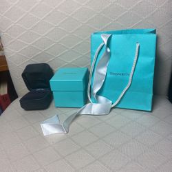Tiffany bag, black ring box, outer blue box and white ribbon