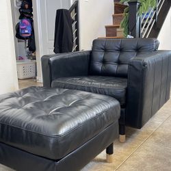 IKEA Black Leather Chair Lounge  Couch And Ottoman 