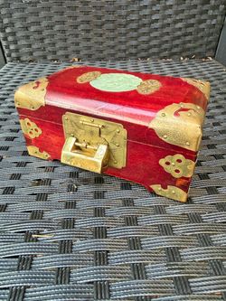 Vintage Chinese Wooden Decorative Box Brass Hardware Green Inlay Shanghai China