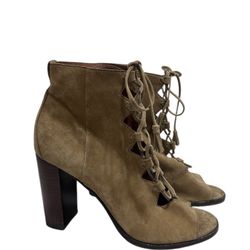 FRYE Gabby Ghillie Peep Toe Boot 9M Soft Suede Tan Heels