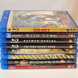 Lot of 8 Blu Ray & DVD Disc Combo Action Movies. Wish Upon, Ironman 3, Enders Game, Elysium, Clash of the Titans, The Dark Knight Rises, Batman Begins