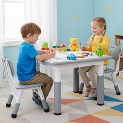 Kids Table and 2 Chairs Set, Height Adjustable Toddler Play Activity Table with Graffiti Desktop for Playroom, Daycare