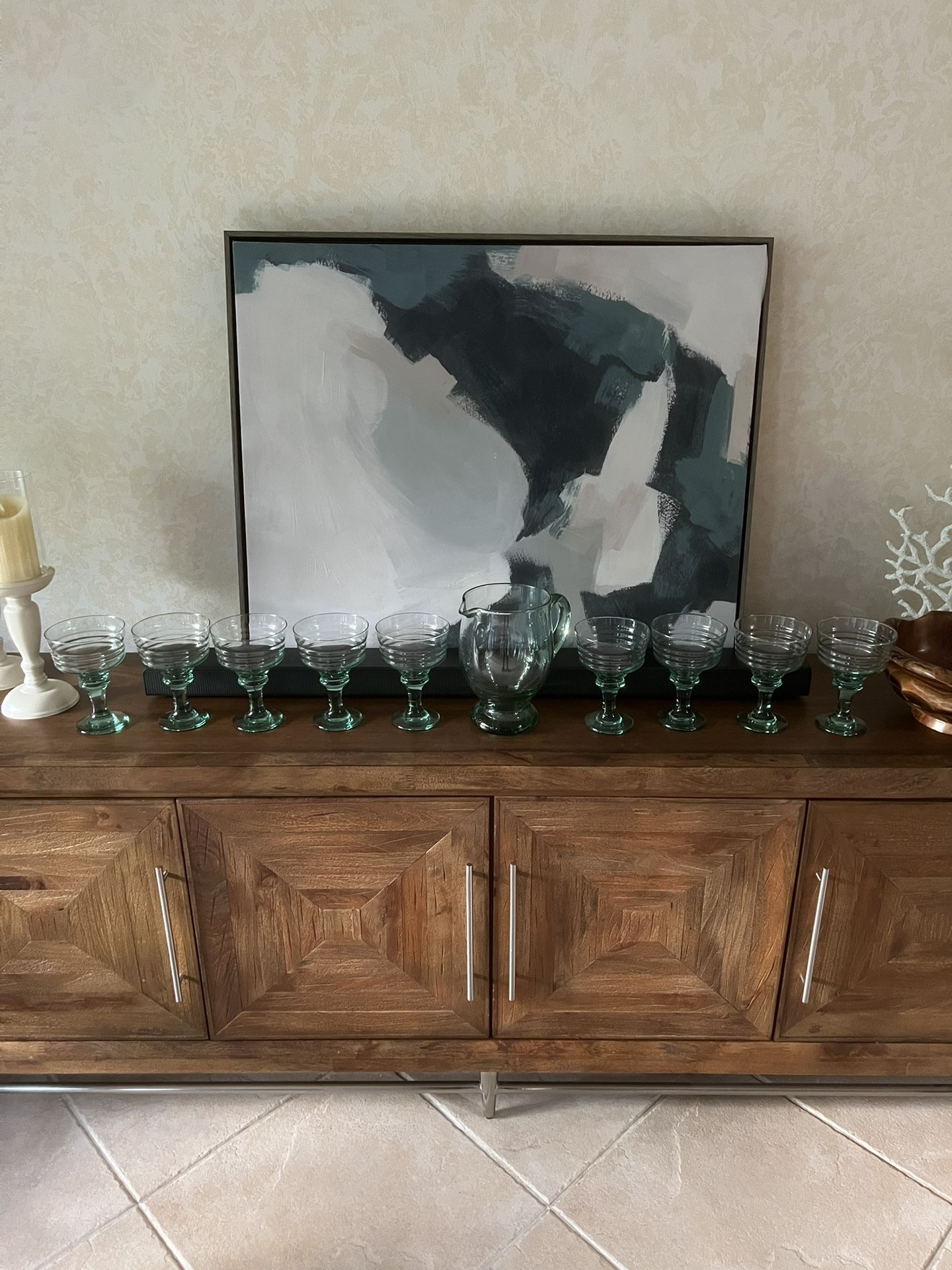 Vintage Libbey Spanish Green Goblets And Pitcher, Spool Stem