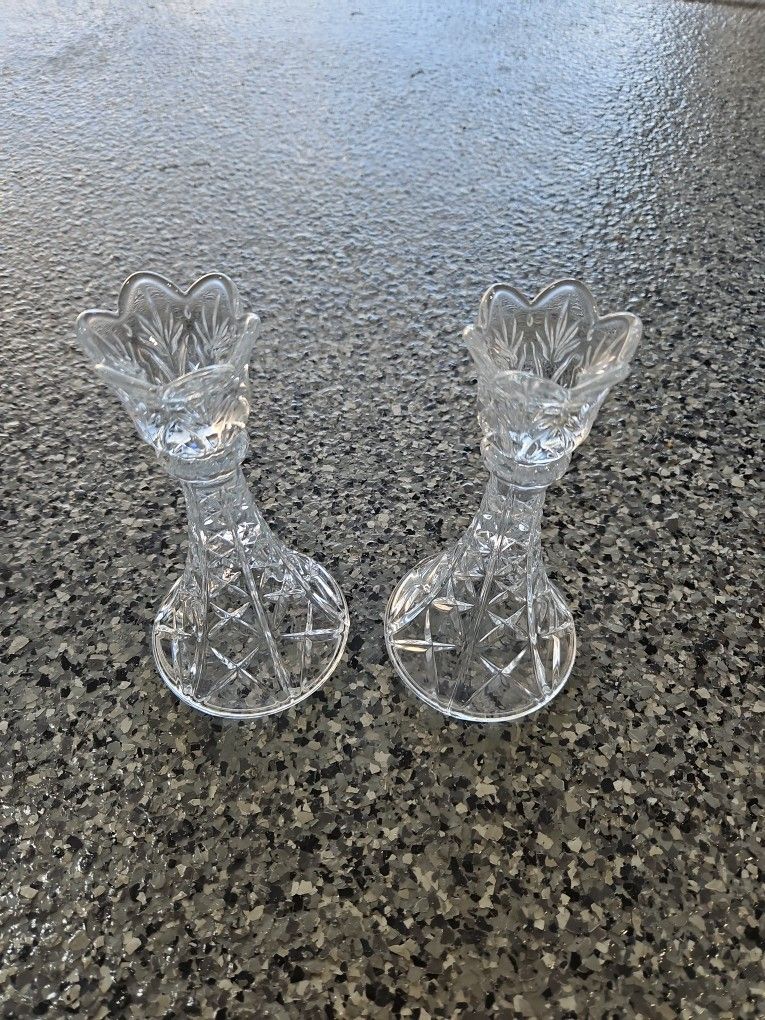 Pair Of  Crystal Pillar Candle Stick Holders
