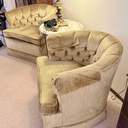 Pair Vintage Gold Crush Velvet Upholstery Swivel Easy Chairs