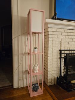 Pink Standing Floor Lamp With Three Open Storage Display Shelves