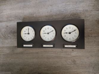 Pottery Barn Around The World 3 Time Brushed Nickel Clock For Sale