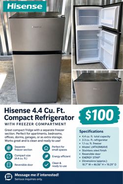 Hisense 4.4 Cu. Ft. Compact Refrigerator – $100