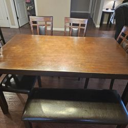 Wood Dining Room Table W/4 Chairs And A Bench