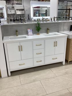 65” Bathroom Vanity Cabinet New Solid Wood Fully Assembled Softclose Drawers Doors Quartz Top 2 Sinks Ready for Pick Up Today