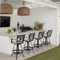 New Set of 4 Pellebant Outdoor Cast Aluminum Swivel Patio Bar stools with Sunbrella Beige Cushions
