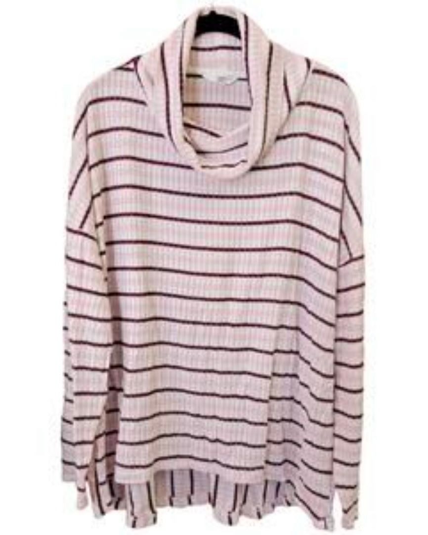 Striped Cowl Neck Sweater - Pink, White and Burgundy