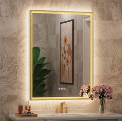 24x32 Inch Gold LED Bathroom Mirror with Front & Back Lights, Adjustable 3000K/4500K/6000K, Wall Mounted Framed Lighted Bathroom Vanity Mirror, Dimmab