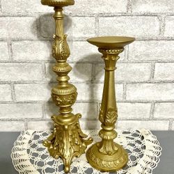 Baroque Victorian Ornate Tall Pair of Gold Pillar Candle Holders 16" & 12" H