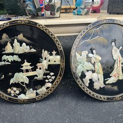 Oriental Large Mother of Pearl Black Lacquer Asian Women Round Wall Art 