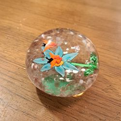 Small 2.5" Beautiful Paperweight With Flower & Butterfly Inside 