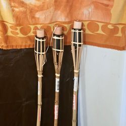 SET of 3 unused Tiki TORCHES (4' tall) w/Bamboo Covers