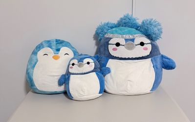 Cute Blue Bird & Penguin Squishmallow Set (3 Plushies) - Like New!