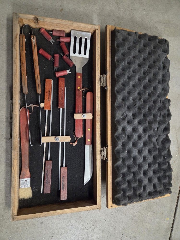 Handmade Wooden BBQ Grill Tool Set in "BBQ" Stenciled Storage Case - Complete Utensil Kit for Grilling Enthusiasts