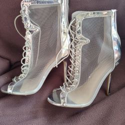 Women's High Heel Silver Booties