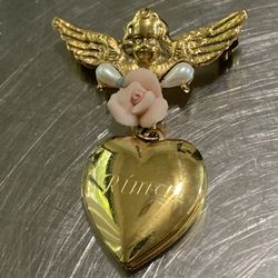 Vintage Gold Tone Angel Heart locket brooch faux peals “Rima” print