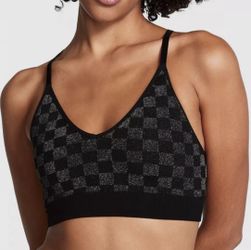 Victoria's Secret PINK ACTIVE Sports Bra Seamless Checkered Black and Silver