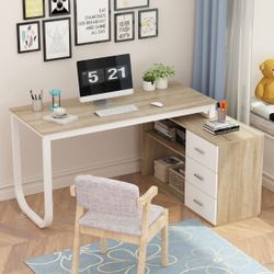 Mildly Used Homsee Home Office Computer Desk Corner Desk with 3 Drawers and 2 Shelves, 55 Inch Large L-Shaped Study Writing Table with Storage Cabinet