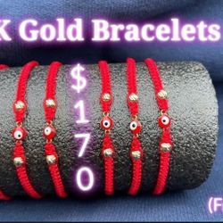 18K Gold Bracelets - Handmade Red String & Evil Eye Charm