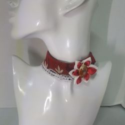 Handmade Red Choker With Flowers And Pendant