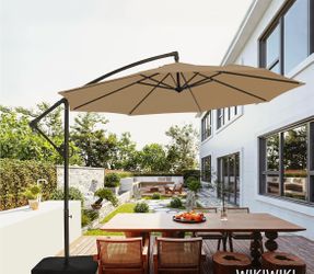 10ft Patio Umbrella with Base Included, Outdoor Offset Cantilever Umbrella with Sandbag Base for Backyard, Garden and Pool, Easy to Tilt and Crank, Ta