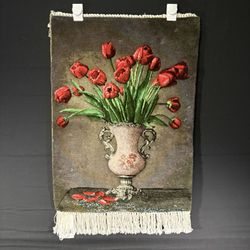Persian Pictorial Rug 3-D Tulips Hand Knotted 27”x 20”  w/Rug Hangers